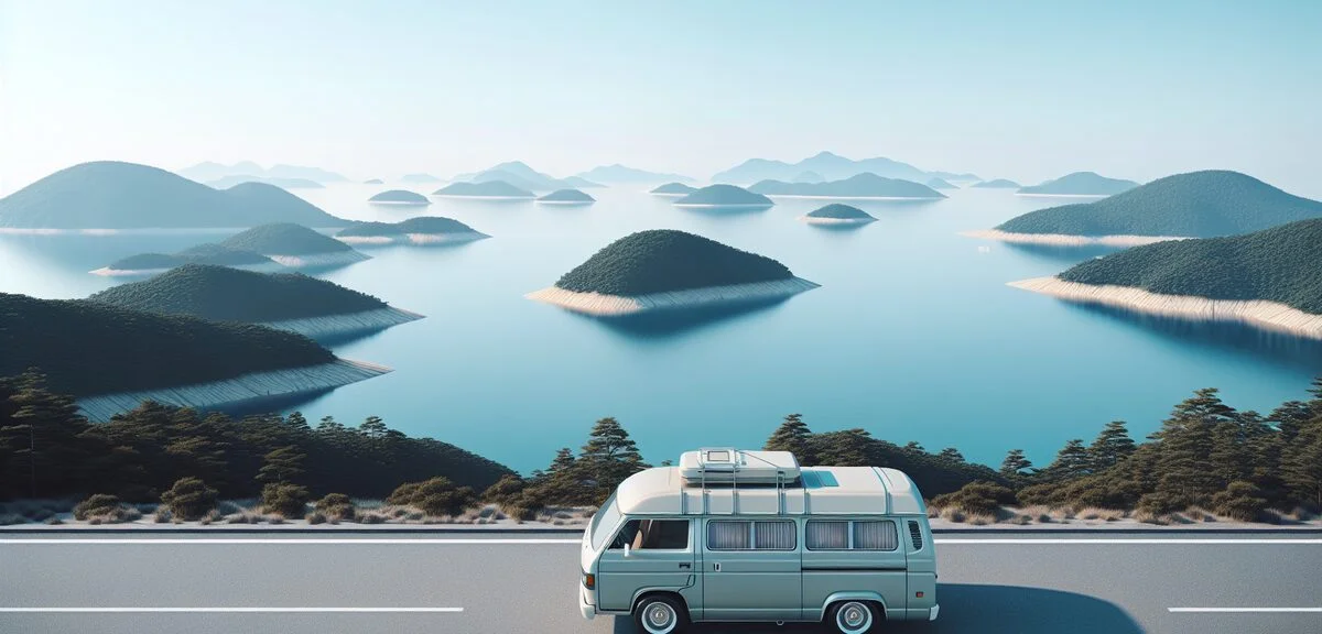 瀬戸内海の島々を背景に停まるキャンピングカー、青い海、美しい多島美、写実的、文字なし