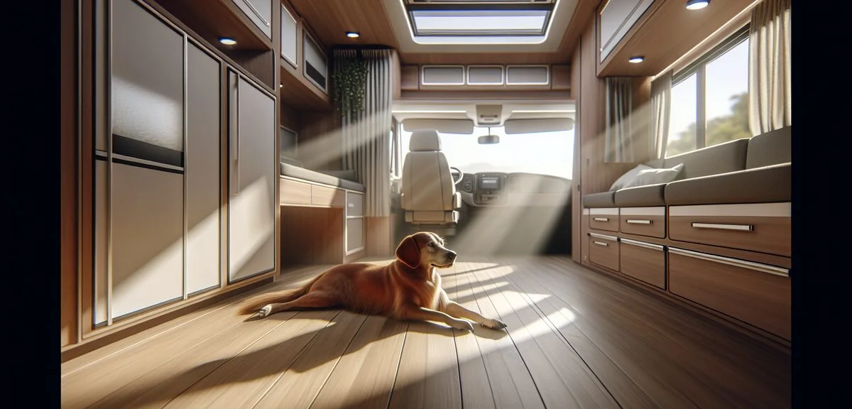 キャンピングカーの車内でくつろぐ犬、広々とした空間、窓から差し込む光、写実的、文字なし