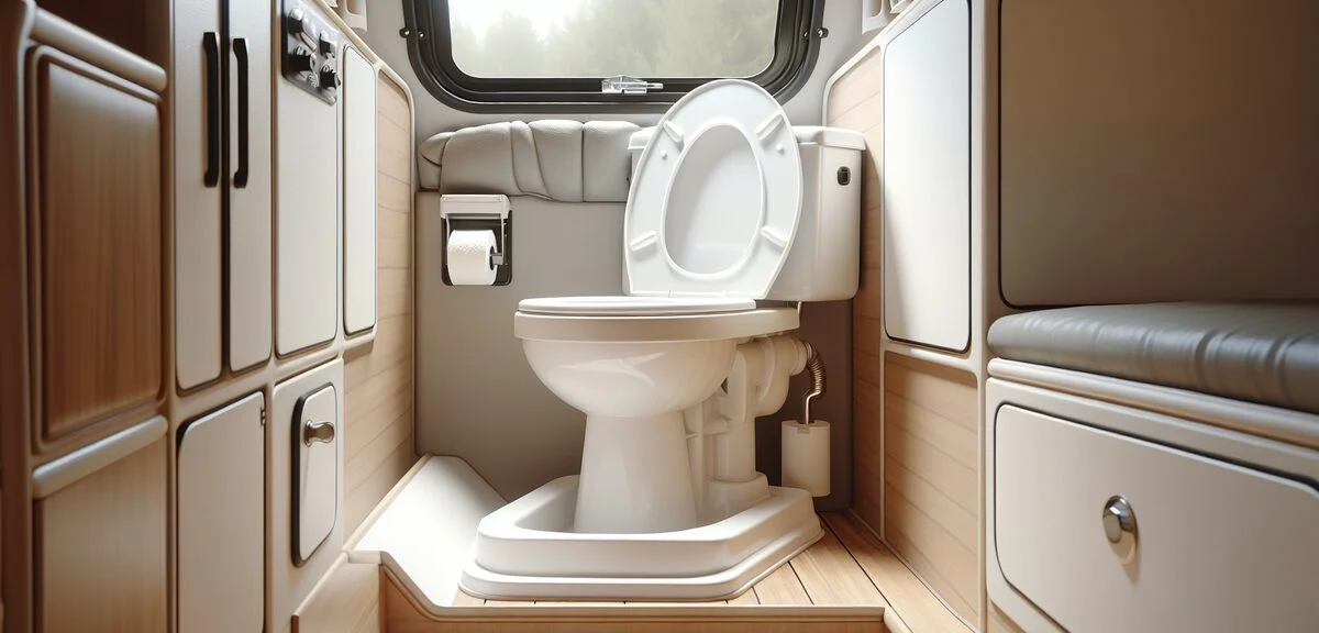 キャンピングカーのカセット式トイレ、清潔な白い便座、コンパクトな空間、写実的、文字なし