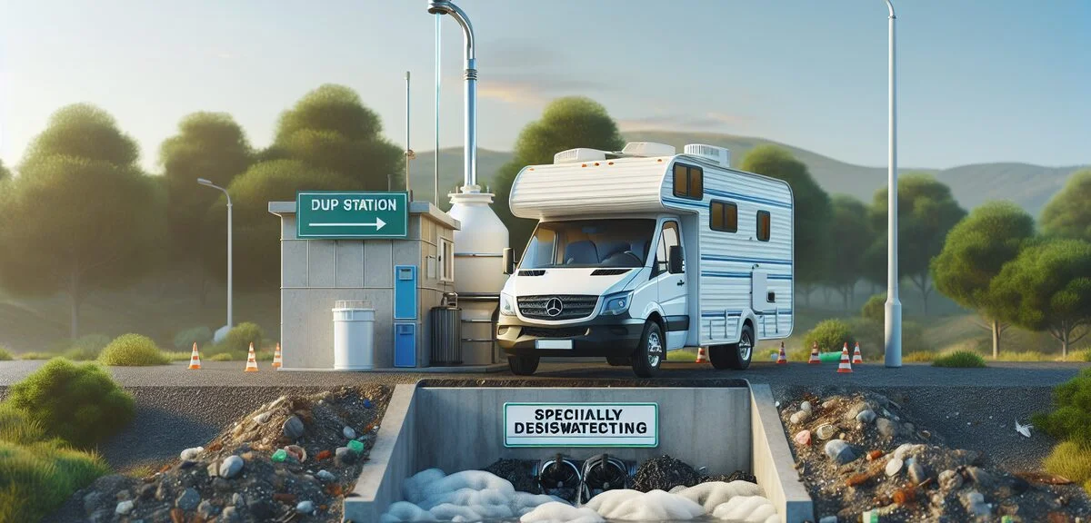 ダンプステーションでキャンピングカーの汚水を処理する様子、専用施設、清潔な環境、写実的、文字なし