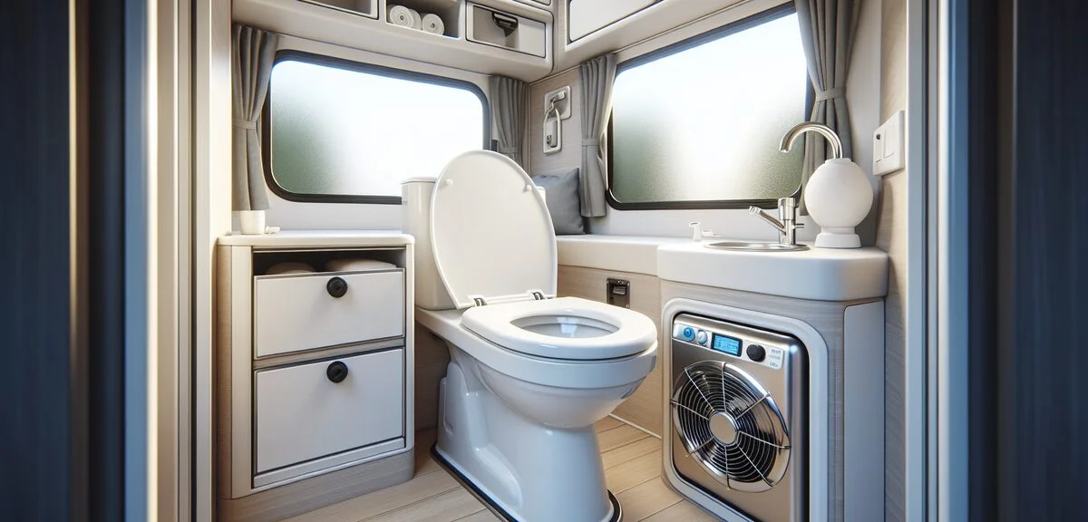 キャンピングカーのトイレルーム内部、カセット式トイレ、清潔な空間、換気扇付き、写実的、文字なし
