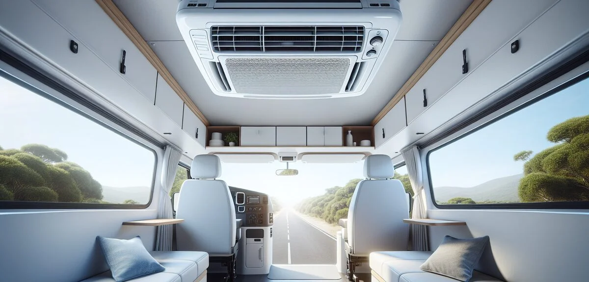 キャンピングカーの天井に設置されたルーフエアコン、白い本体、室内から見上げた様子、写実的、文字なし