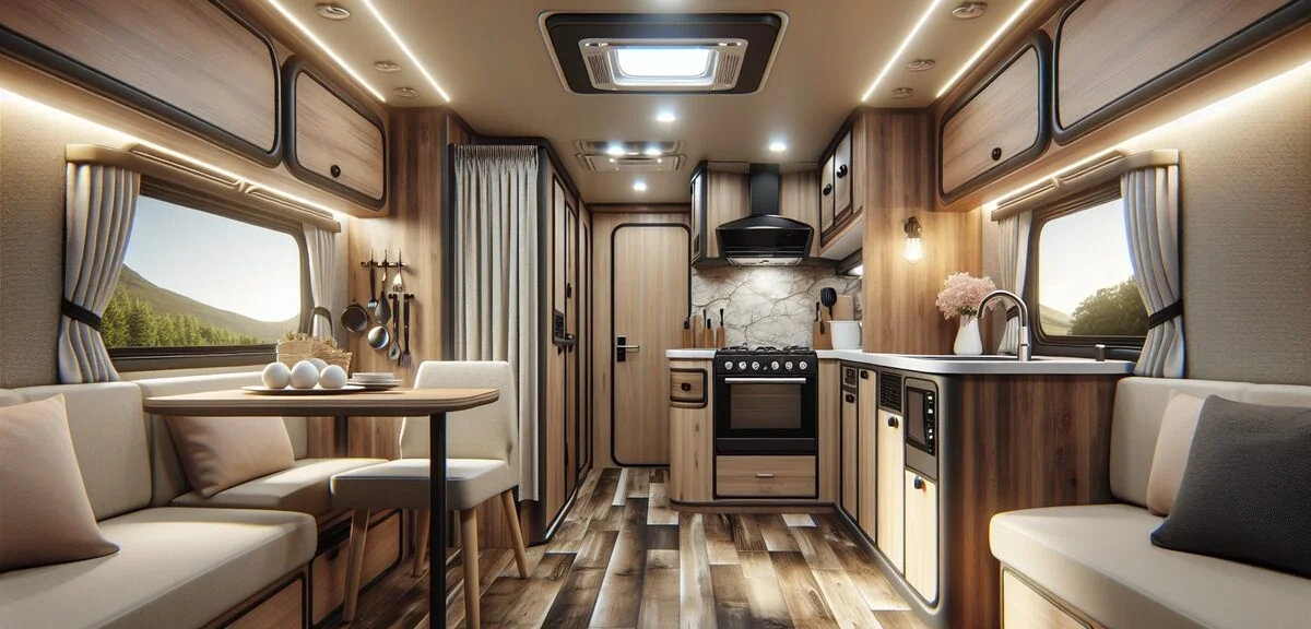 キャンピングカーの内装、ダイネットとキッチン、木目調の壁、明るい照明、写実的、文字なし