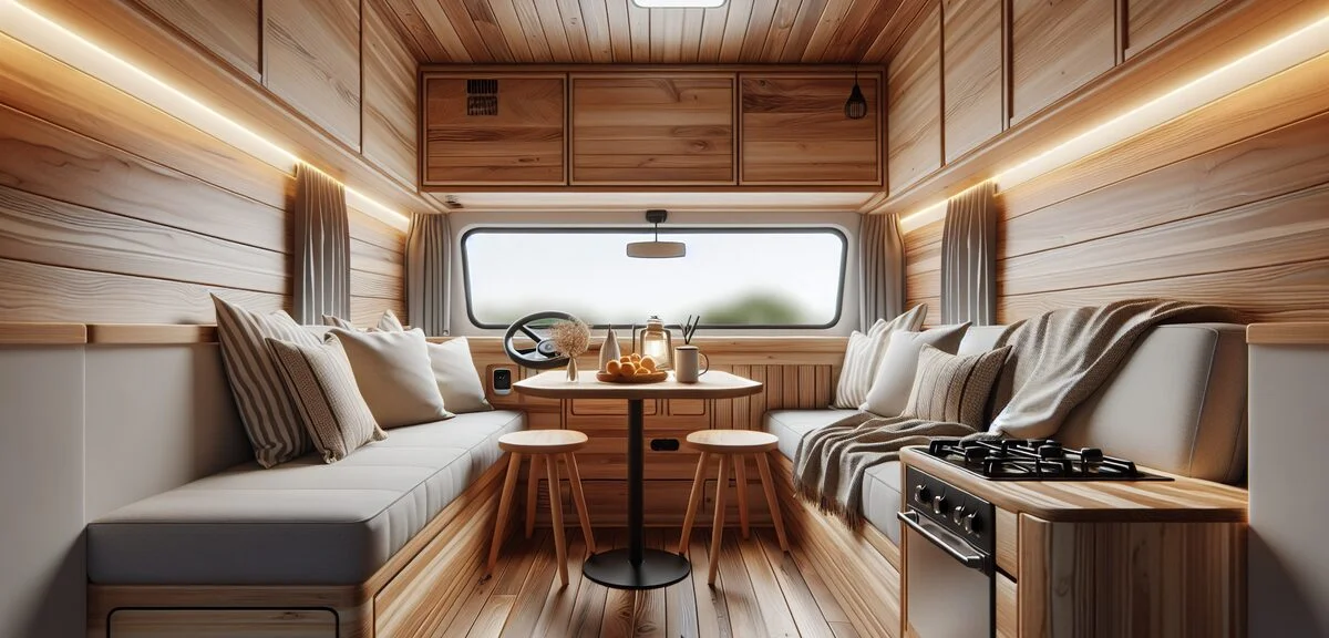 おしゃれにカスタムされたキャンピングカー内装、板張りの壁、間接照明、ソファとテーブル、写実的、文字なし