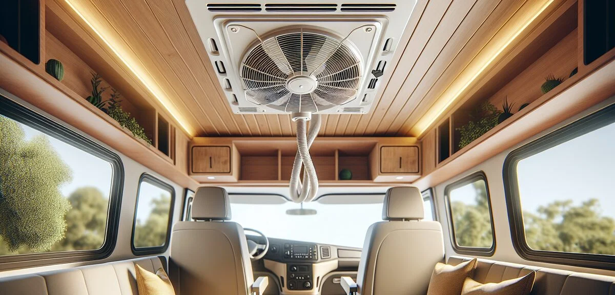 キャンピングカーの天井に設置されたルーフベンチレーター、内側から見たファン、明るい車内、写実的、文字なし
