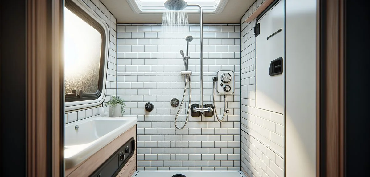 キャンピングカーのシャワー設備、シャワーヘッドと蛇口、清潔な白いタイル調の壁、写実的、文字なし