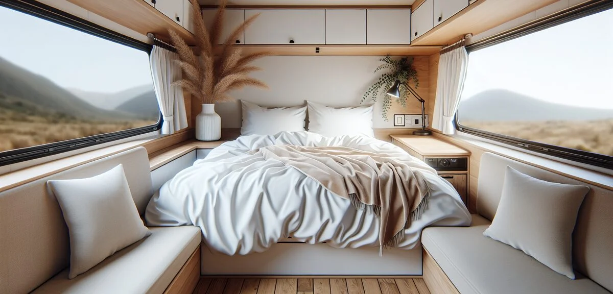 キャンピングカーの常設ダブルベッド、清潔な白いシーツ、木目調の内装、落ち着いた雰囲気、写実的、文字なし