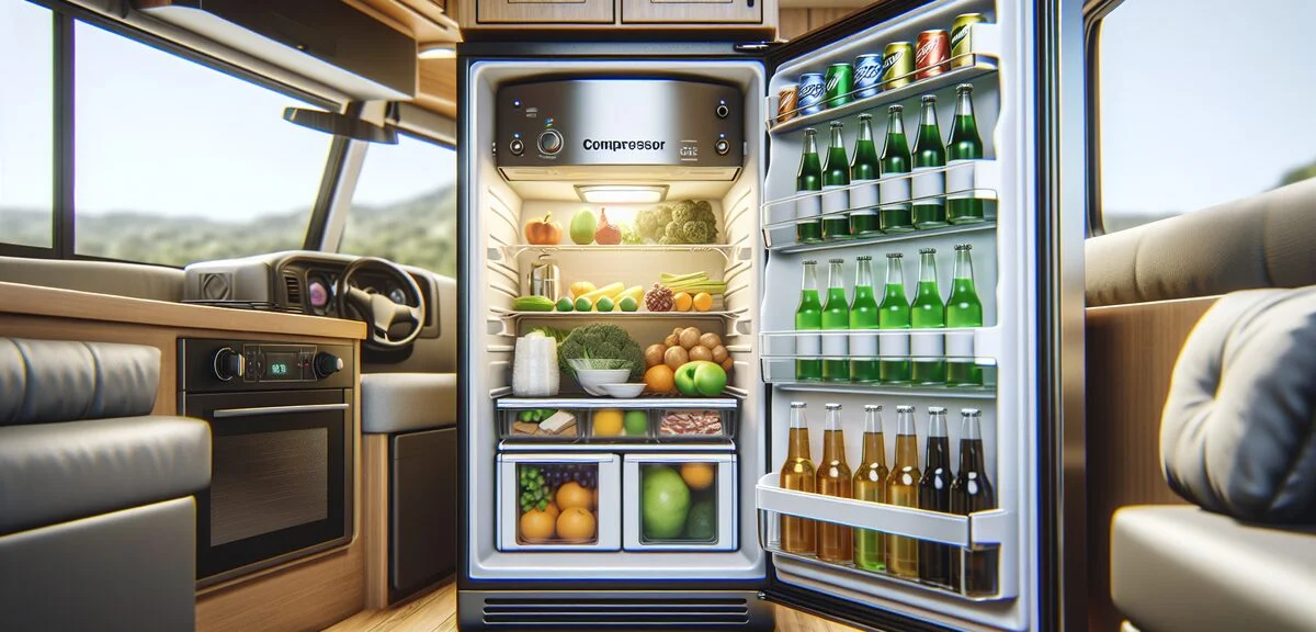 キャンピングカーに設置されたコンプレッサー式冷蔵庫、扉を開けた状態、冷えた飲み物と食材、写実的、文字なし