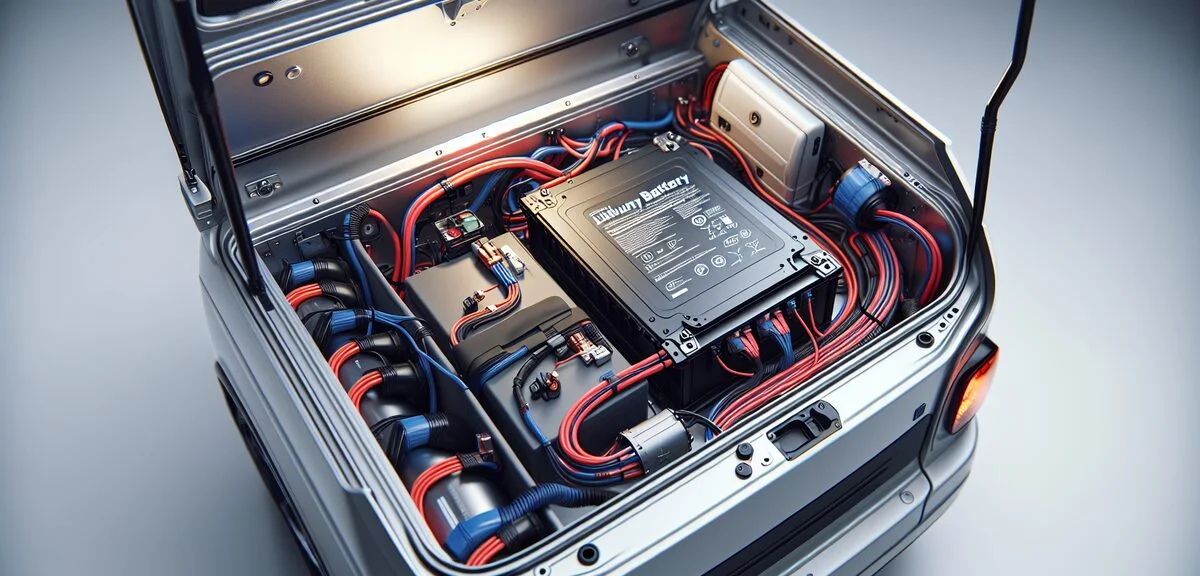 キャンピングカーのバッテリー収納スペース、リチウムイオンバッテリーが設置されている、配線、写実的、文字なし