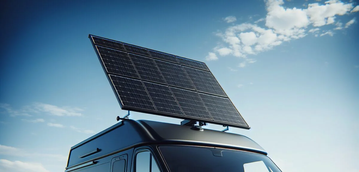 キャンピングカーの屋根に設置されたソーラーパネル、固定式、黒いパネル、青空、写実的、文字なし