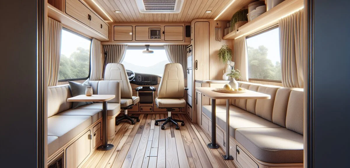 キャンピングカーの広々とした室内、ダイネットとキッチンが見える明るい空間、木目調の家具、写実的、文字なし