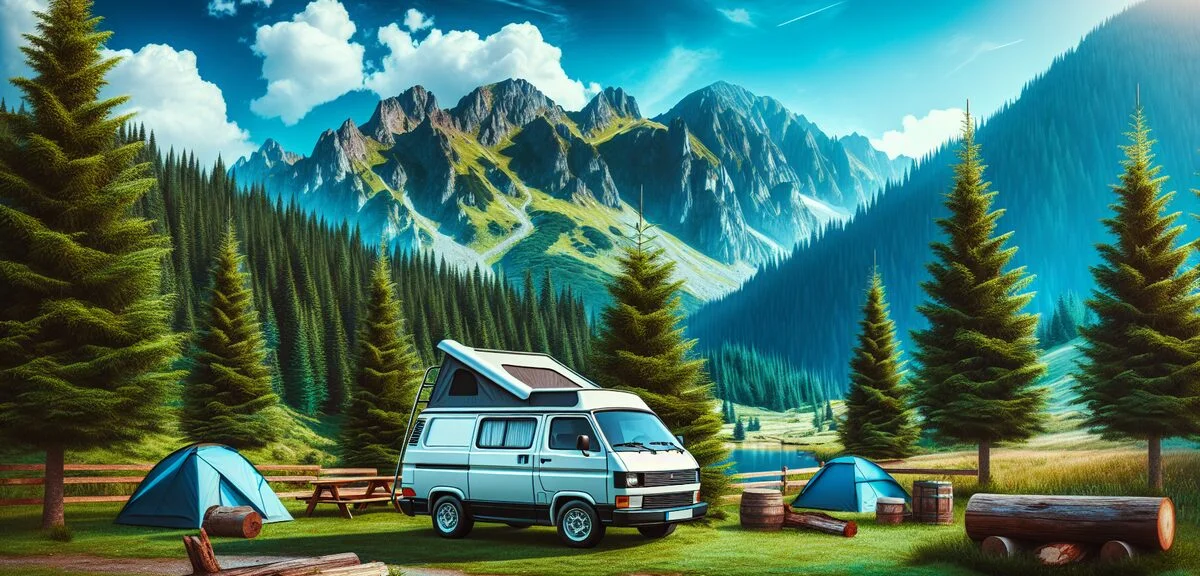 山間部のキャンプ場に停まるキャンピングカー、緑の木々と青空、リラックスした雰囲気、写実的、文字なし