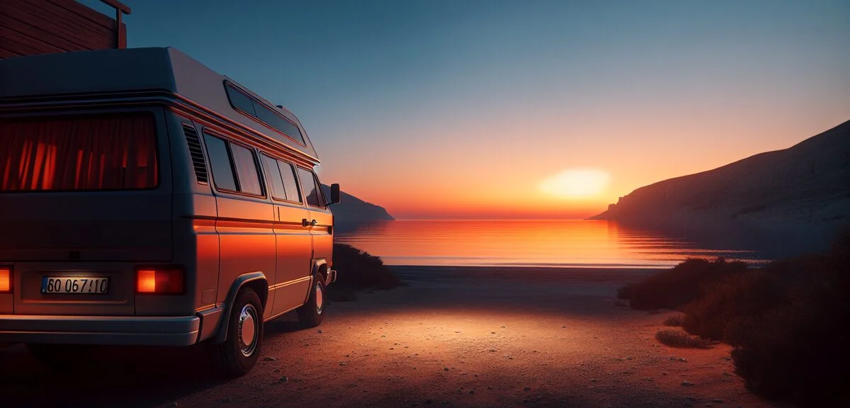 夕暮れ時の海辺に停まるキャンピングカー、オレンジ色の空と穏やかな海、旅の終わりの雰囲気、写実的、文字なし