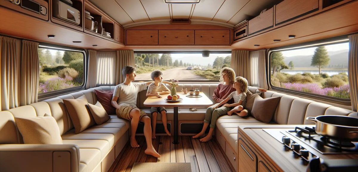 キャンピングカーの室内、ダイネットでくつろぐ家族のイメージ、温かみのある木目調の内装、写実的、文字なし
