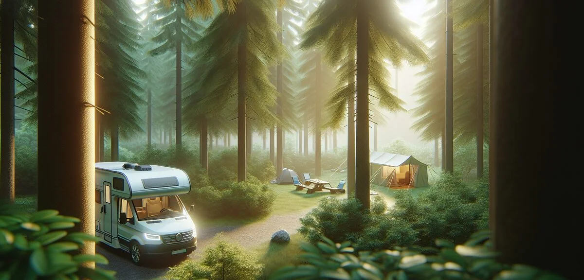 森の中のキャンプ場に停まるキャンピングカー、木漏れ日と緑の木々、静かな朝の雰囲気、写実的、文字なし
