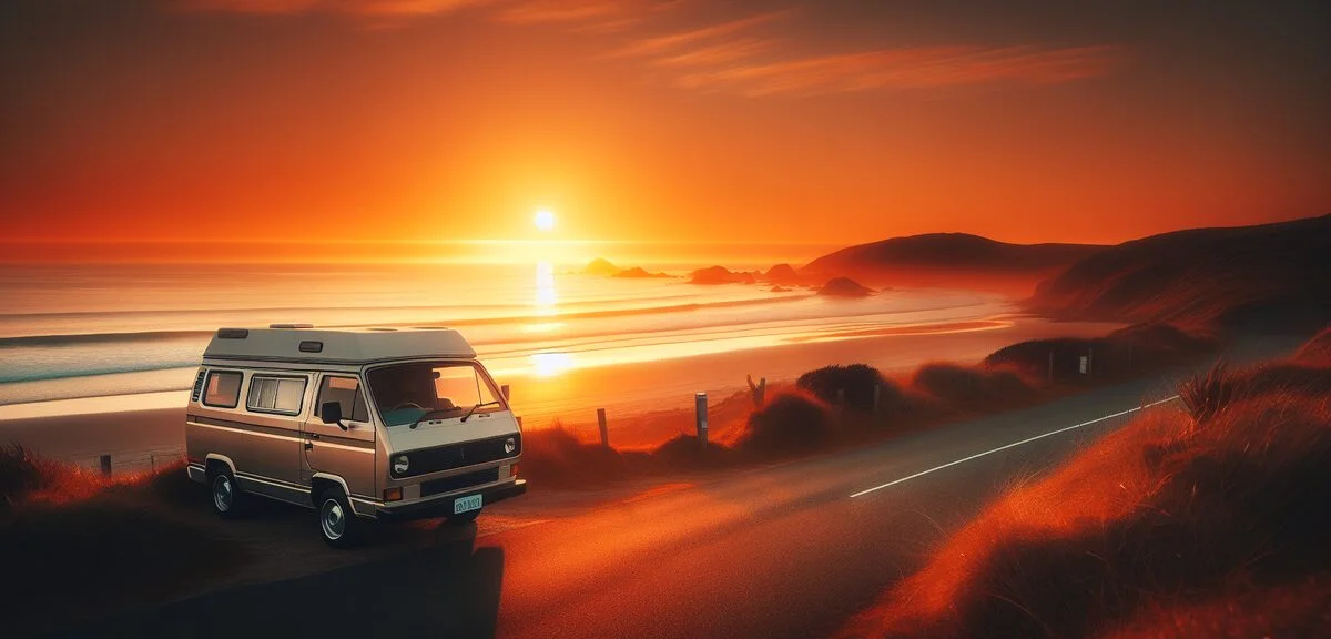夕日に照らされた海岸沿いに停まるキャンピングカー、オレンジ色の空と穏やかな波、旅の余韻、写実的、文字なし