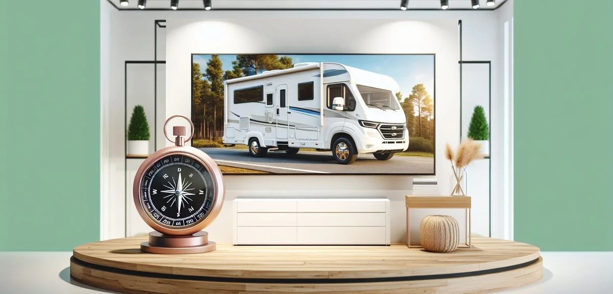 ホワイトハウスキャンパーのショールーム、コンパスとデッキワンが展示、明るい店内、写実的、文字なし
