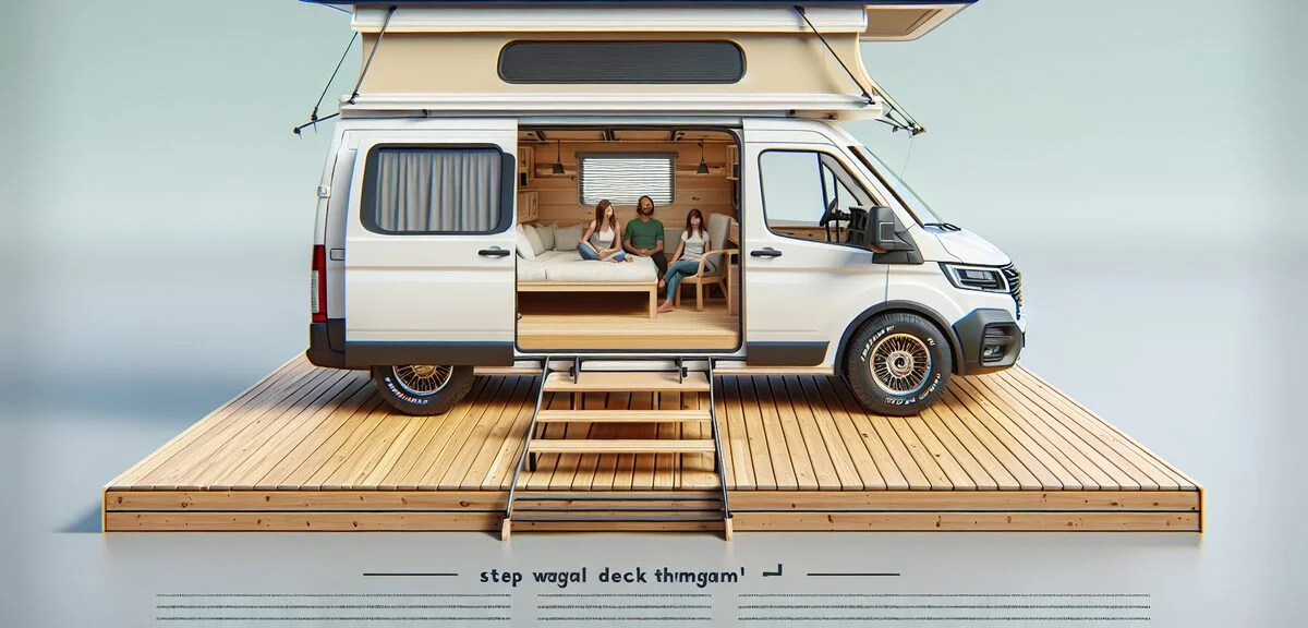 ステップワゴン デッキワンの車内、フルフラットベッド、ポップアップルーフを展開、家族がくつろぐ様子、写実的、文字なし