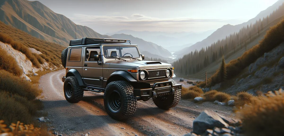 ジムニーノマドがオフロードを走行、山道、ポップアップルーフ搭載、アウトドア感、写実的、文字なし