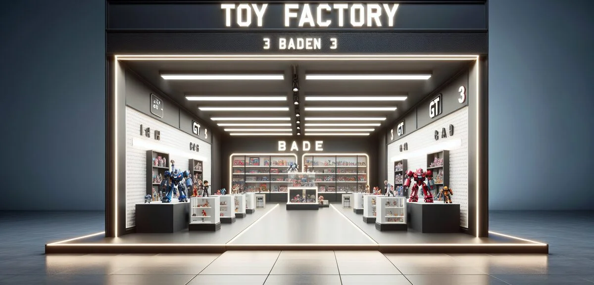 トイファクトリーのショールーム、バーデンとGTが並ぶ、明るい店内、写実的、文字なし