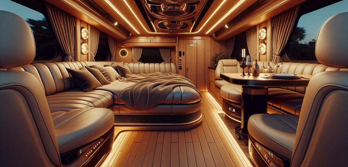 トイファクトリーGTの車内、上質なインテリア、ダイネットとベッドスペース、温かみのある照明、写実的、文字なし