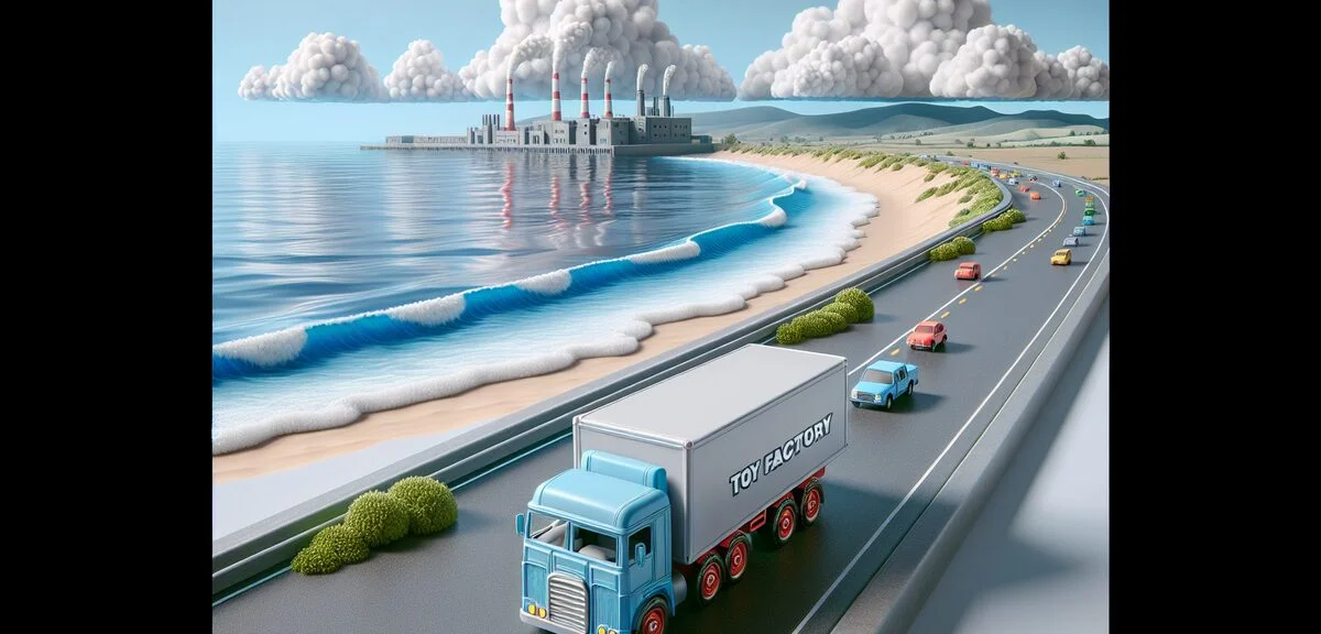 トイファクトリーのバーデンが海辺を走行、青い空と海、ドライブシーン、写実的、文字なし