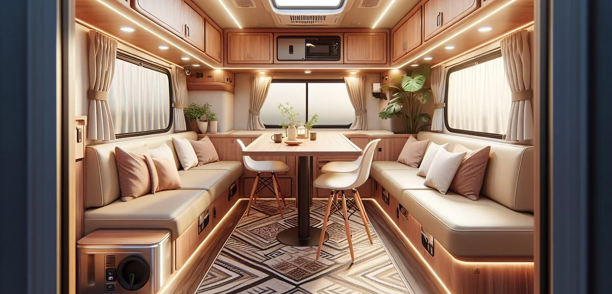 キャンピングカーの広々としたダイネットスペース、木目調の家具、4人が座れるテーブル、明るい車内、写実的、文字なし