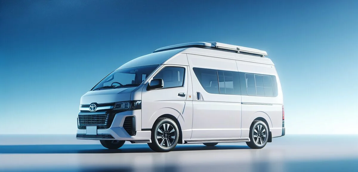 ハイエースベースのキャンピングカー、ミドルルーフ、白いボディ、横から見た全体像、青空の下、写実的、文字なし