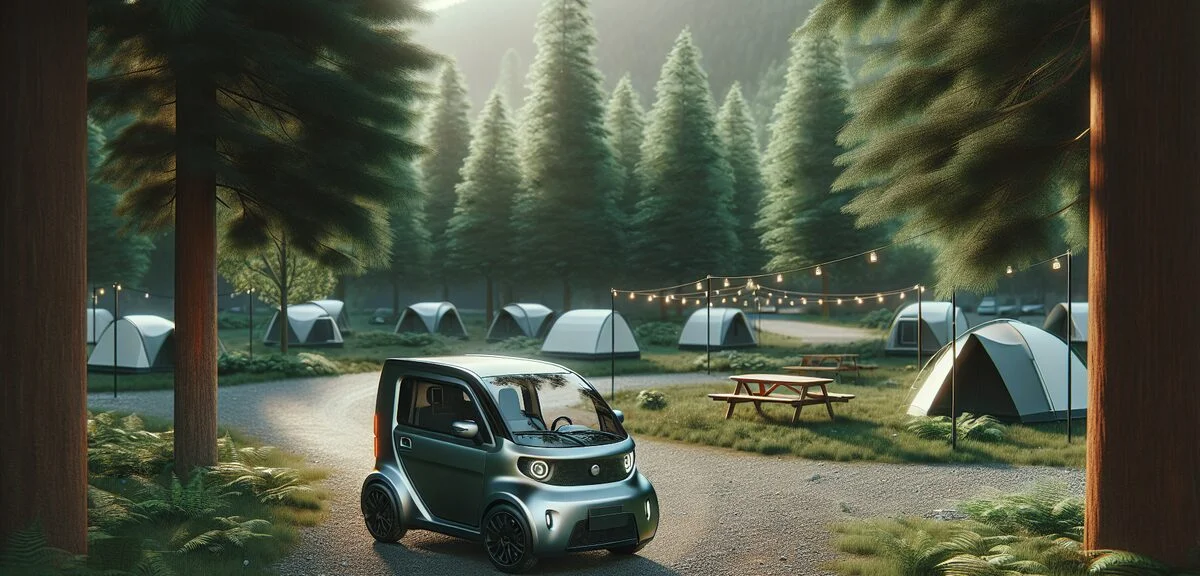 コンパクトな軽自動車ベースのキャンピングカー、オートキャンプ場に停車、自然に囲まれた風景、写実的、文字なし