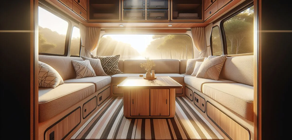 キャンピングカーの車内、広いダイネットスペース、木目調の家具と温かみのあるファブリック、窓から差し込む光、写実的、文字なし