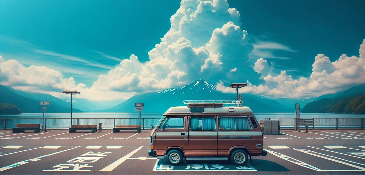 コンパクトなキャブコン、道の駅の駐車場に停車、青い空と山並み、写実的、文字なし