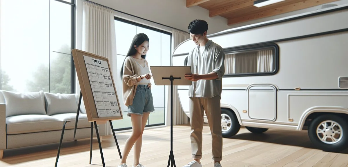 キャンピングカーの価格表を検討するカップル、ショールームの中、明るい雰囲気、写実的、文字なし