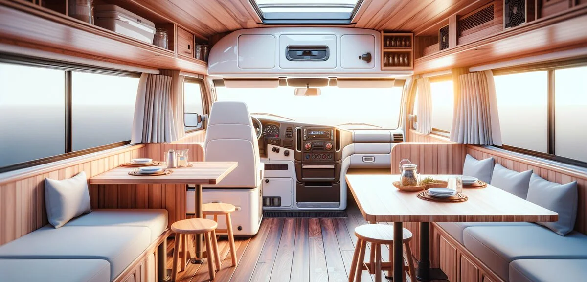 ハイエースベースのキャンピングカー内装、木目調の家具、対面ダイネット、明るい車内、写実的、文字なし