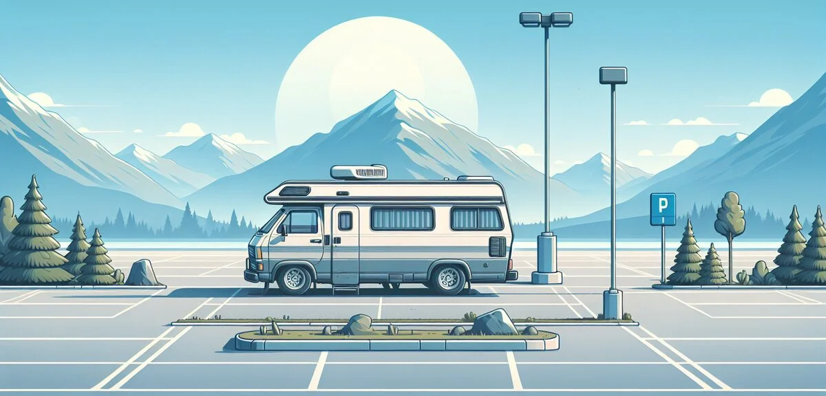 コンパクトなバンコンタイプのキャンピングカー、道の駅の駐車場、青空と山並み、写実的、文字なし
