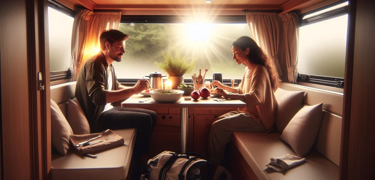 キャンピングカーの対面ダイネット、テーブルを囲んで食事をするイメージ、温かい照明、写実的、文字なし