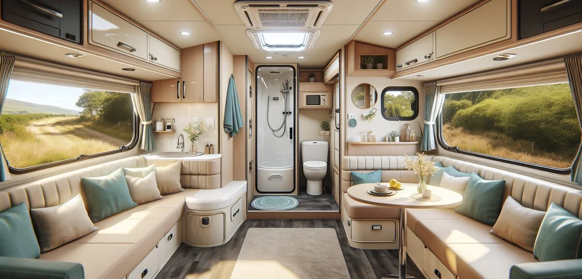 キャラバンベースのキャンピングカー車内、広いダイネットスペース、シャワールーム付き、明るい内装、写実的、文字なし