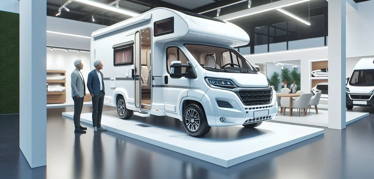 新型キャンピングカーのショールーム展示、白いボディ、モダンな内装が見える、来場者が見学している、写実的、文字なし