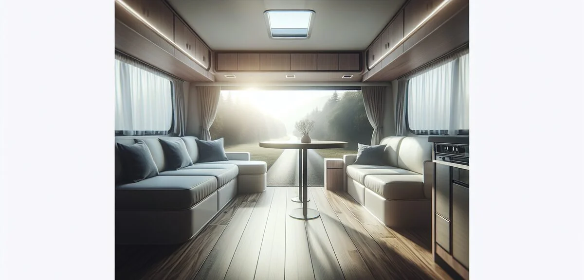 キャンピングカーの広いリビングスペース、ソファとテーブル、窓から差し込む光、くつろぎの空間、写実的、文字なし