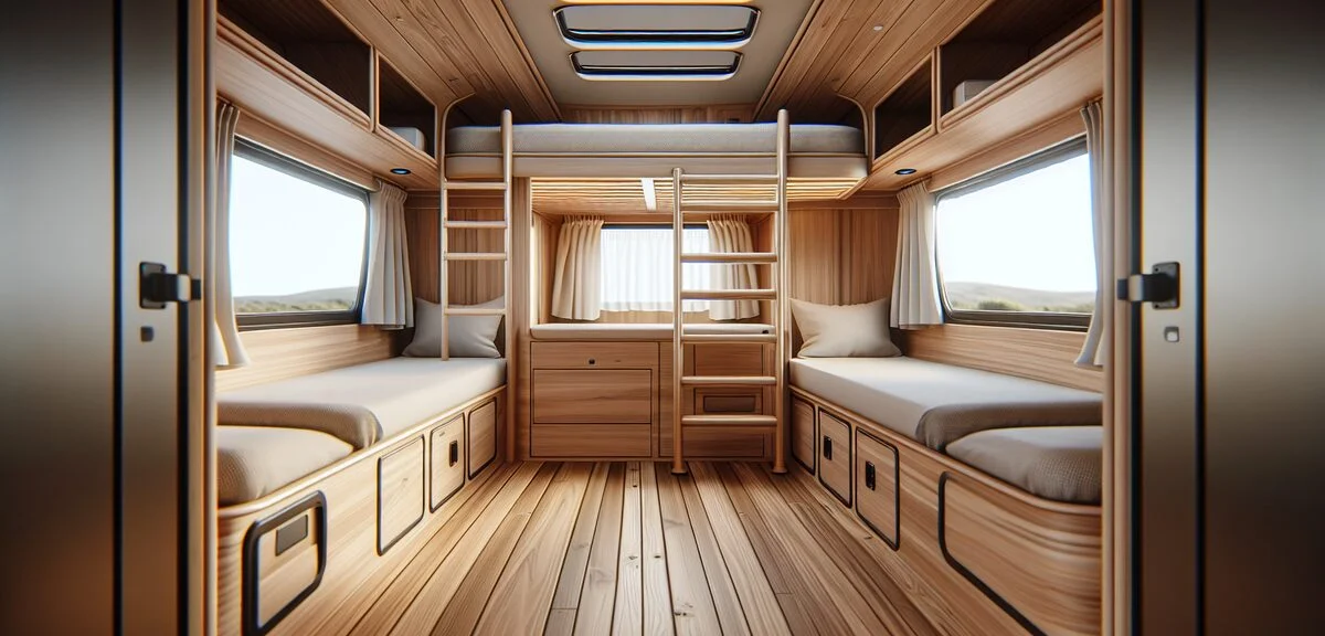 キャンピングカーの車内、2段ベッドが見える後部寝室、木目調の落ち着いた内装、寝台列車風の雰囲気、写実的、文字なし