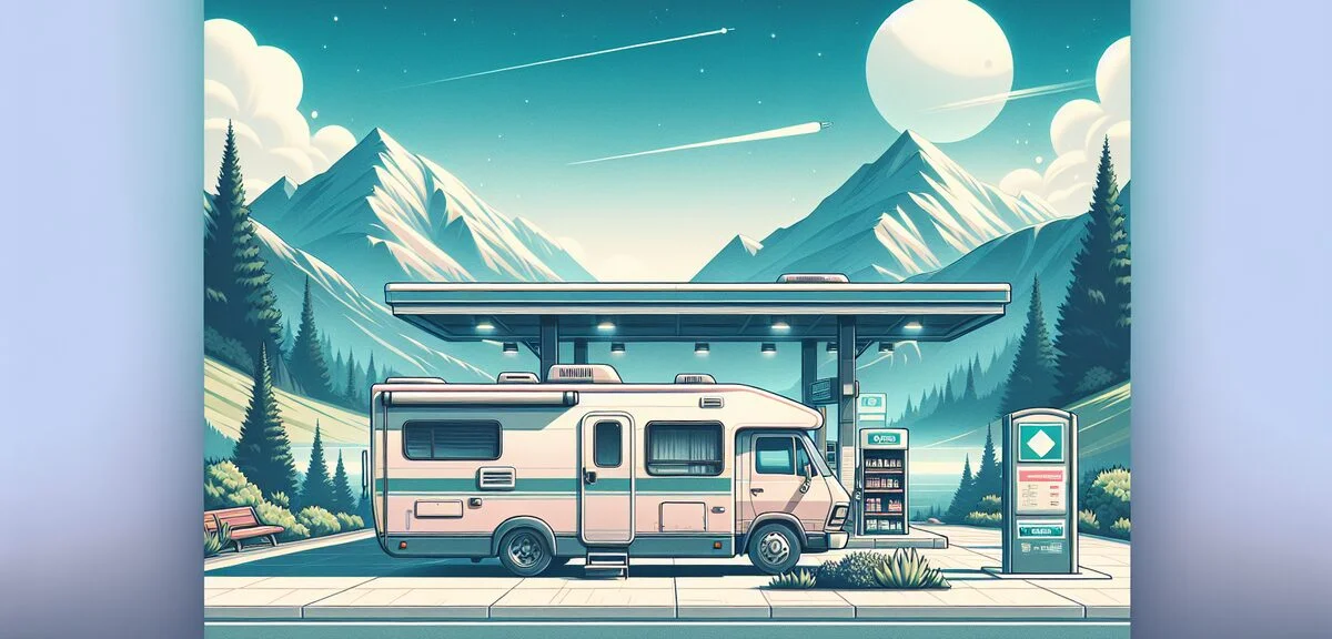 中型キャブコンのキャンピングカー、道の駅に停車、青空と山並み、写実的、文字なし