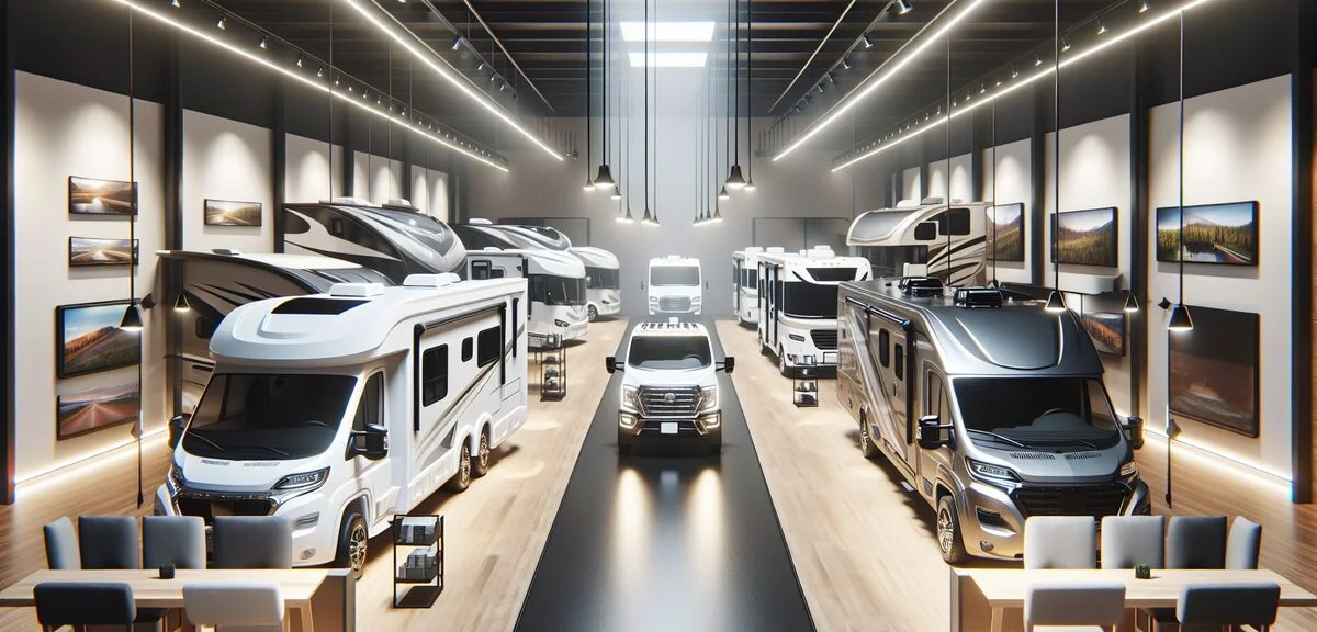 キャンピングカーのショールーム、複数のモデルが展示されている、明るい室内、写実的、文字なし