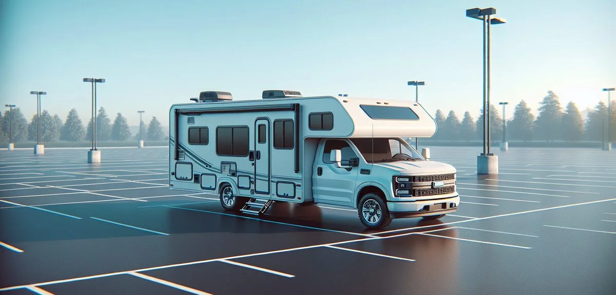 軽トラベースのトラックキャンパー、白いシェル、コンパクトなサイズ感、駐車場に停車、青空、写実的、文字なし