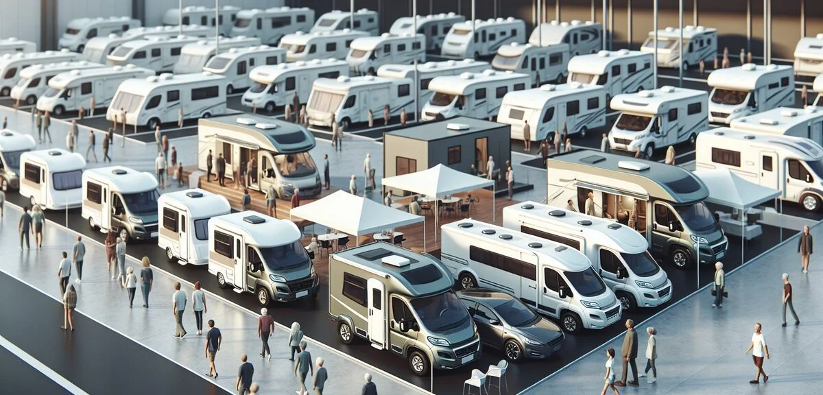 キャンピングカーショーでの展示ブース、複数の軽キャンパーが並ぶ、来場者が見学している、写実的、文字なし
