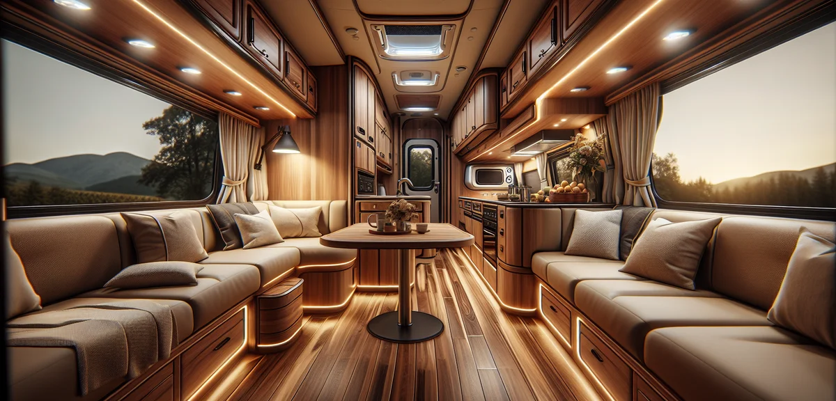 A photorealistic interior view of a luxury European motorhome with wooden furniture, comfortable sea
