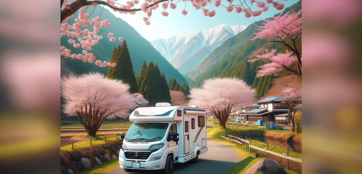 A photorealistic exterior view of a white Fiat Ducato-based campervan parked at a Japanese mountain 