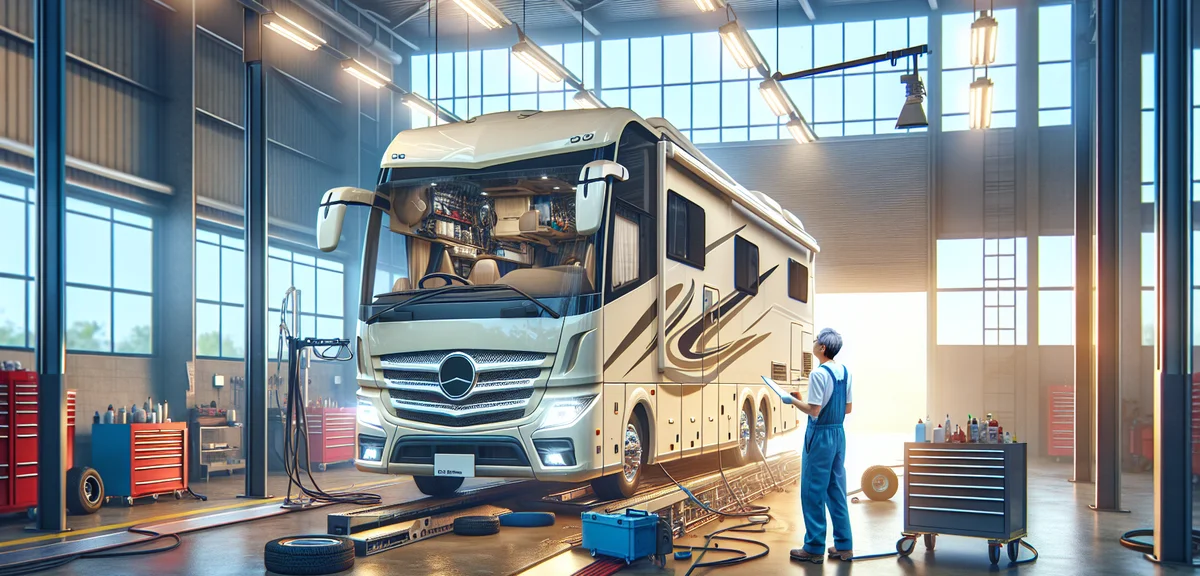 A photorealistic image of a European motorhome being serviced at a clean Japanese auto repair shop, 
