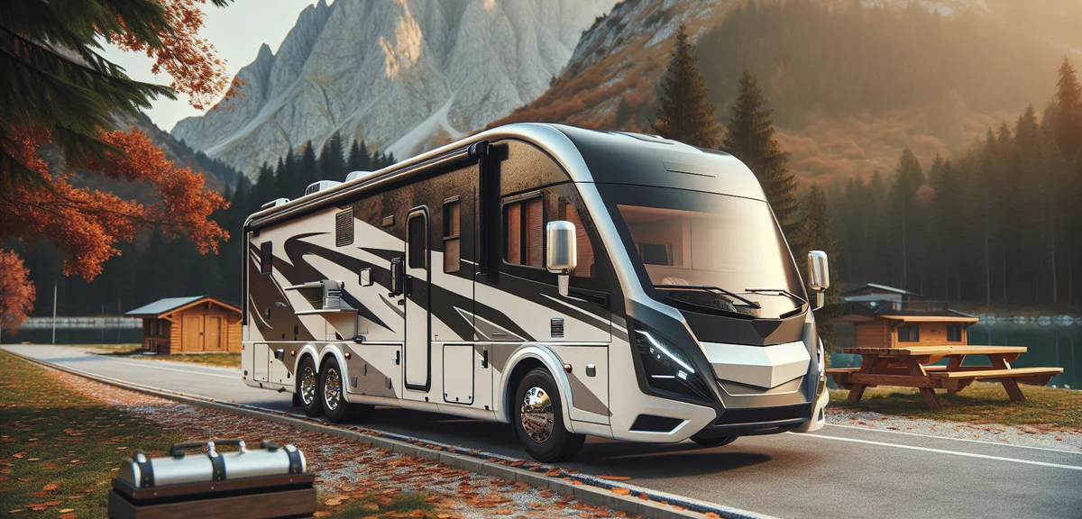 A HYMER ML-T 580 motorhome based on Mercedes-Benz Sprinter, parked at a mountain campsite in autumn,