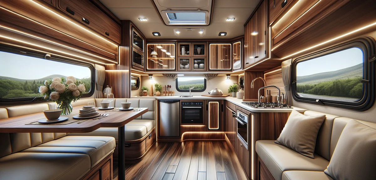 Interior of a luxury HYMER B-Class motorhome showing modern kitchen area with walnut wood cabinets,