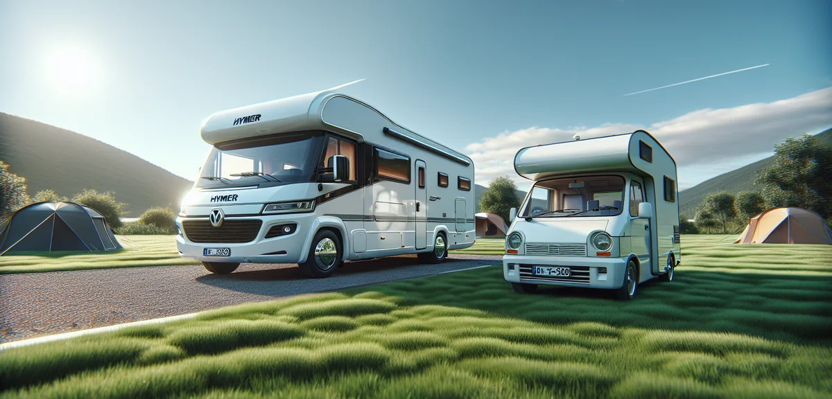 Two motorhomes side by side at a campsite for comparison, one European HYMER and one Japanese camper