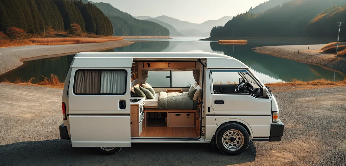 A Toyota HiAce van conversion camper with its side door open showing a cozy interior with bed and ki